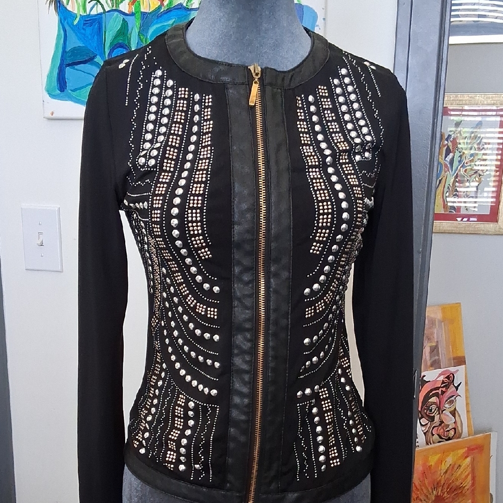 CARMIN Black Embellished Front Zip Top; Studded with Beadwork; Medium